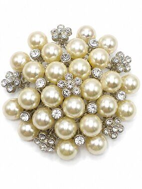 Vintage Silver Tone Wedding Faux Pearl & Crystal Cluster Brooch Pin 2”